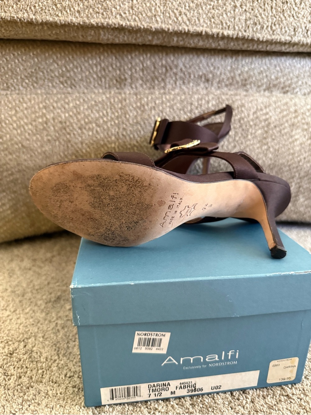 Amalfi Chocolate Brown Satin Open-Toe Heels with Gold Buckles - Picture 5 of 5
